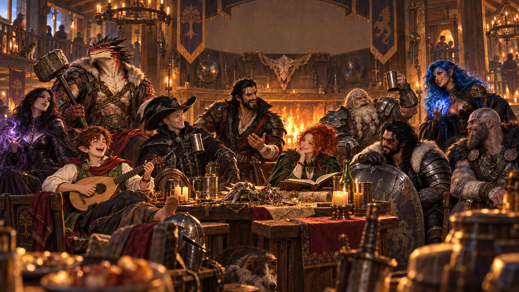 Adventurers laughing around a table in a candlelit guild hall